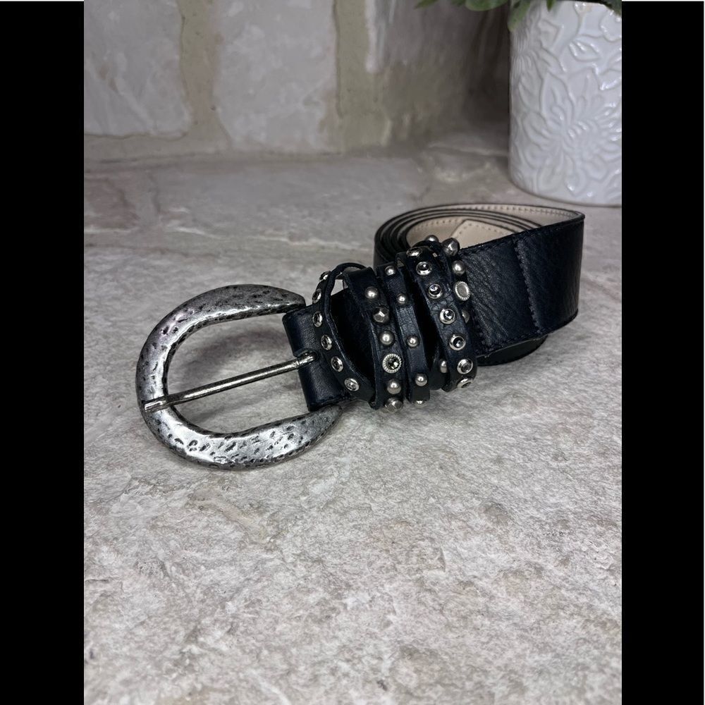 Leatherock silver hammered buckle rhinestones and stud black leather belt sz 34